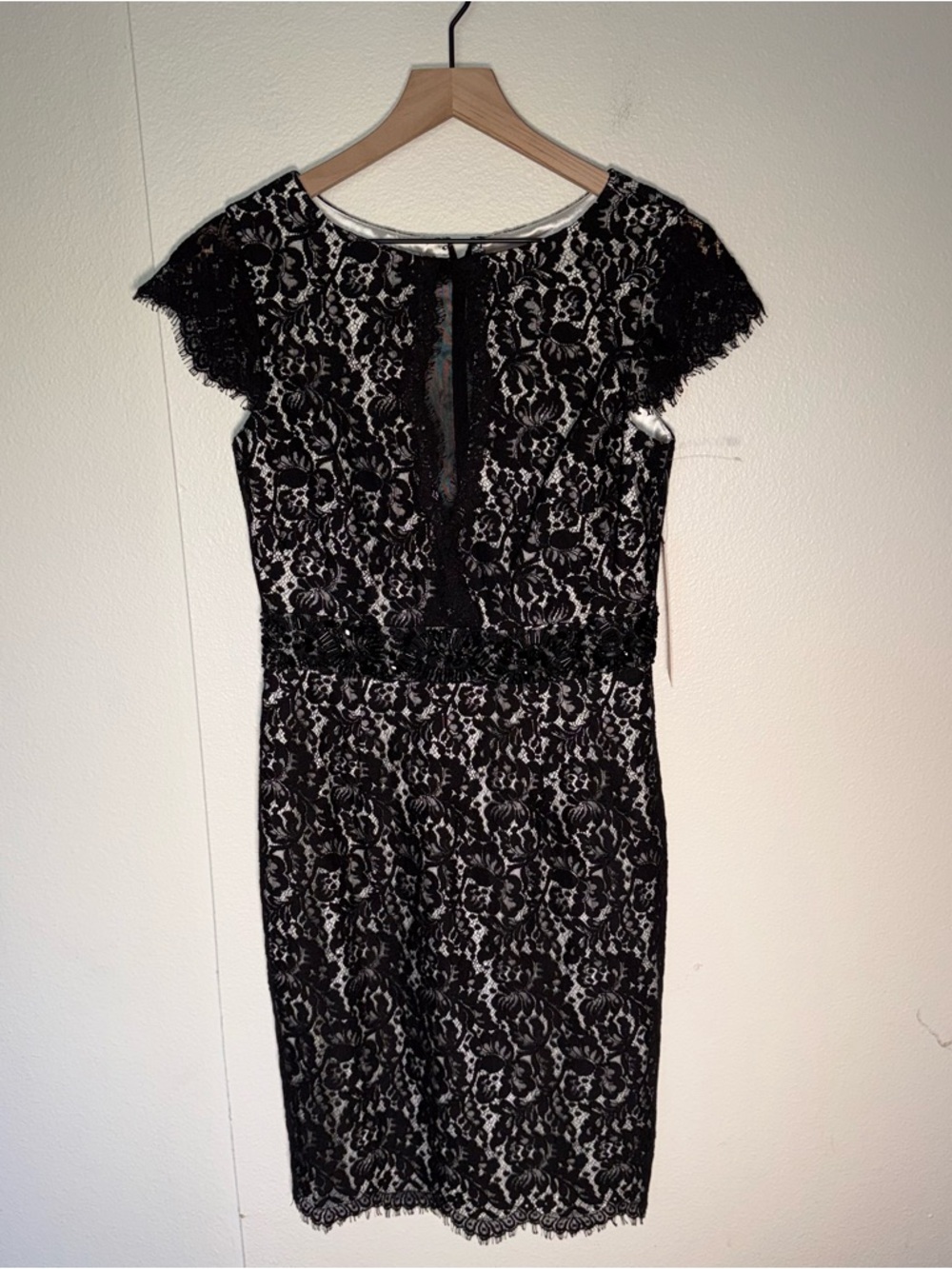 NWT MONIQUE LHUILLIER Black Lace Beaded Waist Bodycon Cocktail Midi Dress 6 - Picture 5 of 11